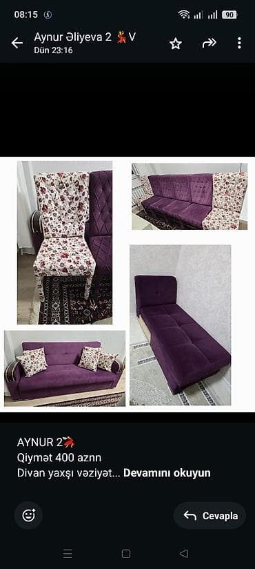 AYNUR 2💃 Qiymət 400 aznn Divan yaxşı vəziyətdə, ustada olmayıb — 1