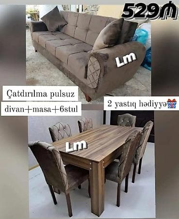 kamputer masası: Divan + Masa dəsti – Dəst: divan + masa + 6 stul – Qiymət: 529₼ – — 1