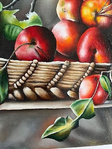 ev dekor: Əl işi yağlı boya tablo – “Alma səbəti” natura-mort - Texnika: kətan — 7