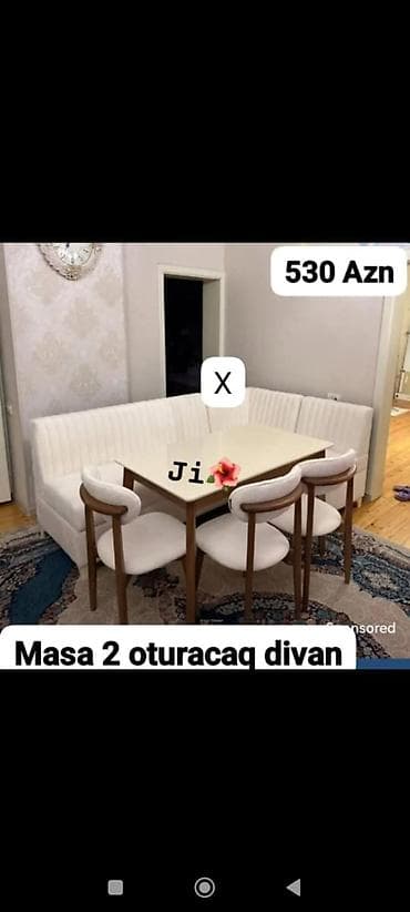 reception masa: Yemək otağı üçün dəst: - Masa + 2 oturacaq + künc divan - Rəng: ağ — 1