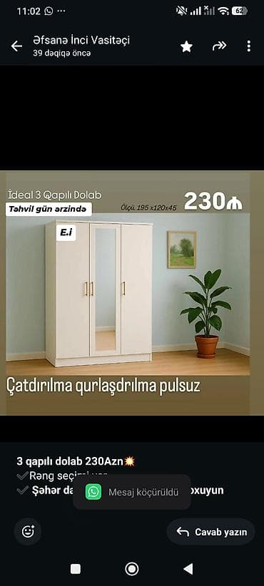 Мебель на заказ: *3 qapılı dolab 230Azn💥* ✔️Rəng seçimi var ✔️ *Şəhər daxili — 1