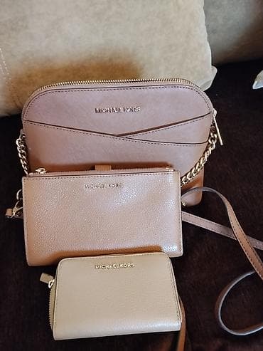 Çantalar: Michael Kors dəst – zərif bej/şamot tonlarında 3 hissəli aksesuar — 1