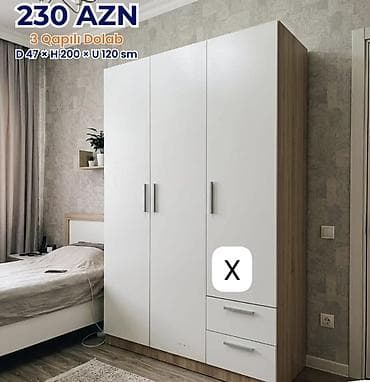 3 qapılı dolab Ölçülər: Dərinlik 47 sm × Hündürlük 200 sm × En 120 sm — 1