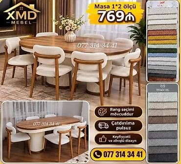 Oval yemək masası və stul dəsti - Masa ölçüsü: 1×2 m - Material