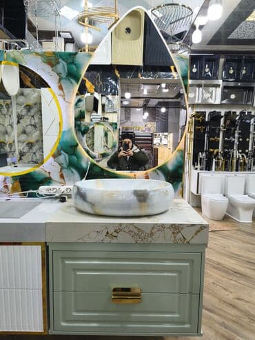 nerj su çəni: Mərmər effektli üstqabıqlı vanna otağı lavabosu və asma şkaf dəsti - — 4