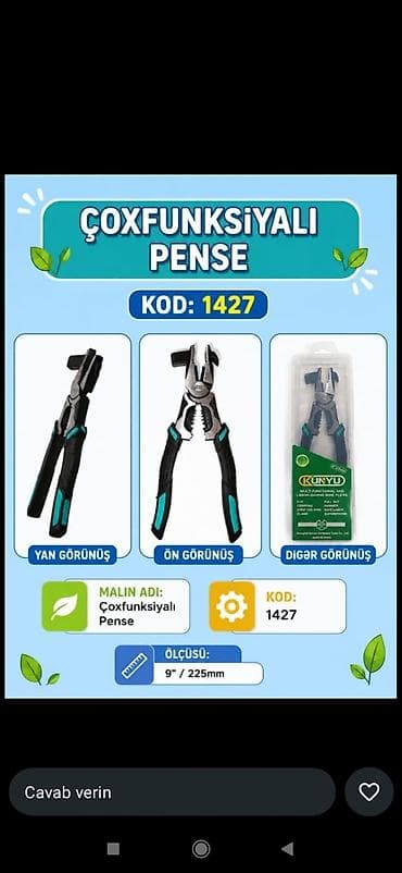 Kəlbətinlər: Məhsul: Çoxfunksiyalı pense Kod: 1427 Ölçü: 9" / 225 mm — 1