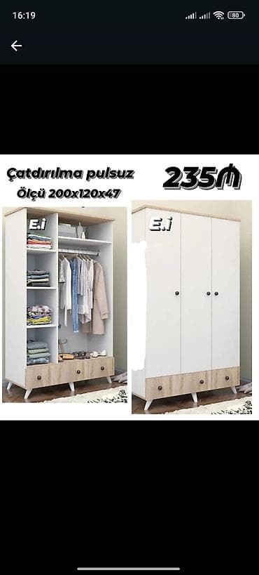 dolab gence: Ağ rəngli 3 qapılı geyim şkafı - Ölçü: 200×120×47 sm - Dizayn: ağ — 1