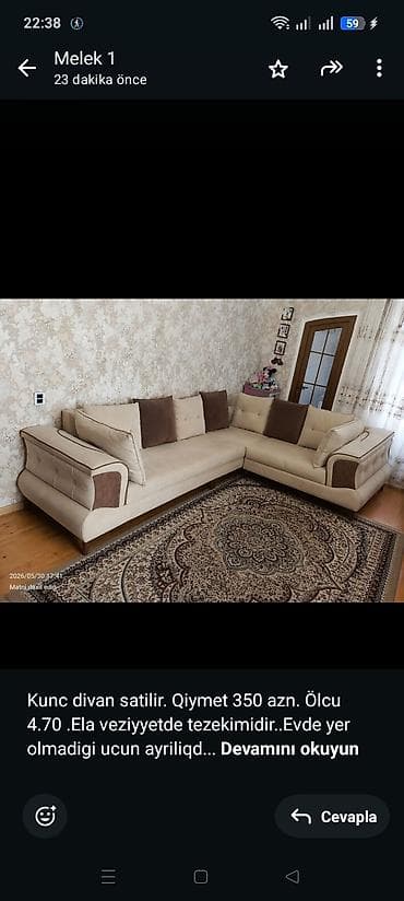 divan satisi: Kunc divan satilir. Qiymet 350 azn. Ölcu 4.70 .Ela veziyyetde — 1