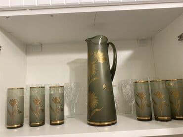 Çay dəsti, rəng - Yaşıl, Şüşə, Bohemia, 6 nəfərlik, Çexiya