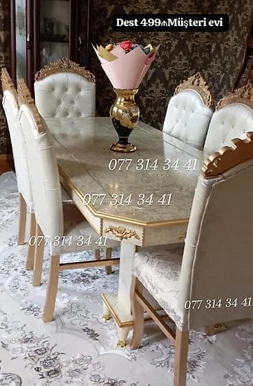 stul kafe: Klassik üslubda yemək otağı dəsti - Dəst: masa + 6 stul - Rəng — 1