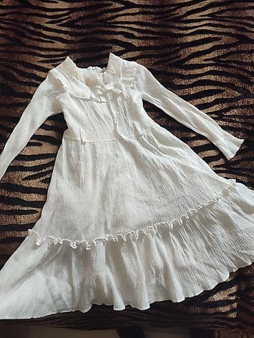 uzun don modelleri: Ağ rəngli qız uşağı paltarı - Uzunqol, nazik plisəli (krepli — 2