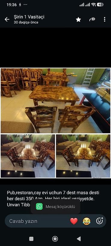kafe mebel: Pub,restoran,cay evi uchun 7 dest masa desti her desti 350 Azn. Her — 1