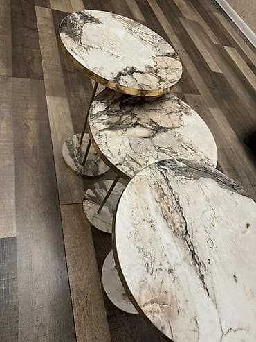 mermer masalar: Mərmər dekorlu 3-lü yan masa dəsti - Dəst: 3 ədəd dairəvi yan/servis — 6
