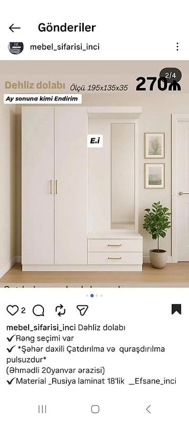 2 qapılı, Güzgülü, Ağ, Digər material, Açılan, Düz dolab