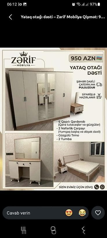 Zərif Mobilya – Yataq otağı dəsti Məzmun: - 6 qapılı qarderob (qara — 1