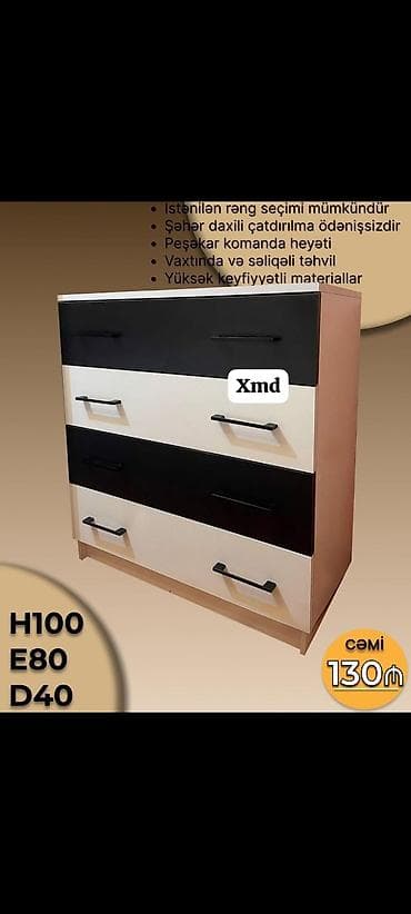 Məhsul 1: 4 çekmecəli komod - Ölçülər: H100 × E80 × D40 sm - Rəng