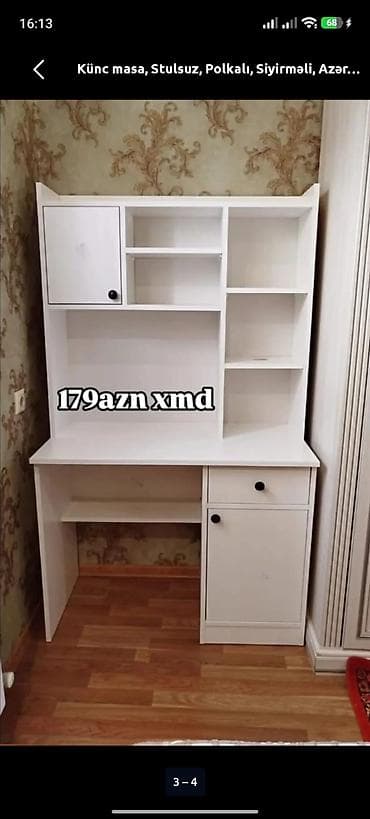 Ağ rəngli funksional iş/oxu masası - Künc yerləşimə uyğun dizayn -