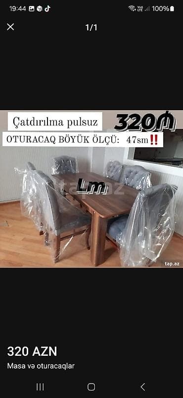 Mətbəx üçün, Yeni, Dördbucaq masa, 6 stul