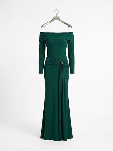 don: Zümrüdı-yaşıl rəngdə zərif axşam geyimi - Model: off-shoulder (açıq — 1