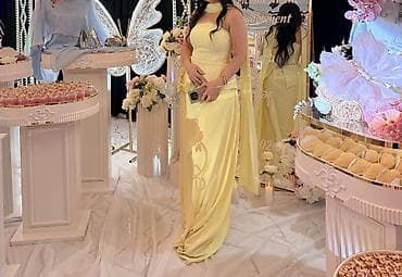 Zərif açıq-sarı rəngdə ziyafət/libas - Model: uzun, yerə qədər axan — 3