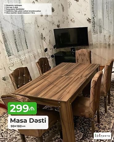oturaca: Məhsul: Masa Dəsti - Ölçü: 90×160 sm - Komplekt: 1 masa + 6 stul - — 1