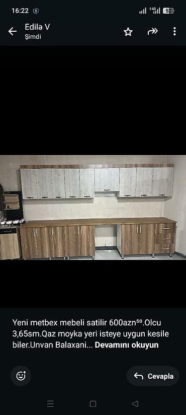 Yeni metbex mebeli satilir 600azn⁵⁰.Olcu 3,65sm.Qaz moyka yeri isteye