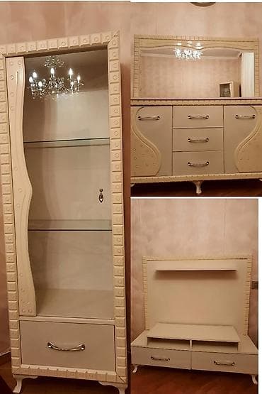 Qonaq otağı dəsti – krem rəngdə, dekorativ relyef haşiyələr və xrom