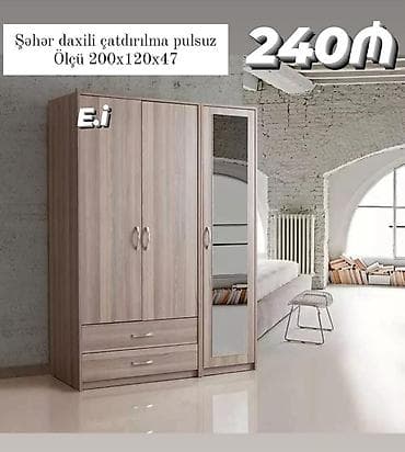 Dolablar: 3 qapılı, Güzgülü, Boz, Taxta, Açılan, Düz dolab — 1