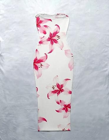 don: Ağ əsaslı, çiyin və qolsuz strapless bodycon midi don. Üzərində iri — 2