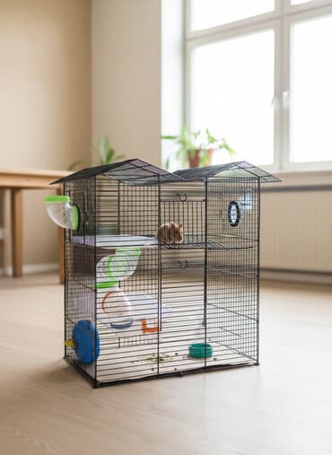 Şəkillərdə qara metal çərçivəli heyvan qəfəsi təsvir edilmişdir. Qəfəs