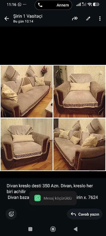 açılan çarpayı: Divan kreslo desti 350 Azn. Divan, kreslo her biri achilir Divan — 1