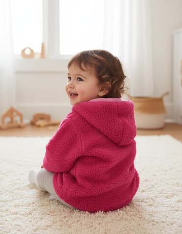 Üst geyimləri: Çəhrayı rəngdə, yumşaq materialdan olan, başlıqlı uşaq gödəkcəsi — 1