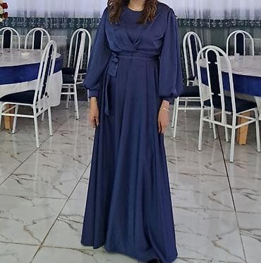 Zərif tünd mavi rəngli ziyafət/gecəlik don. - Model: Uzun, A-kəsim