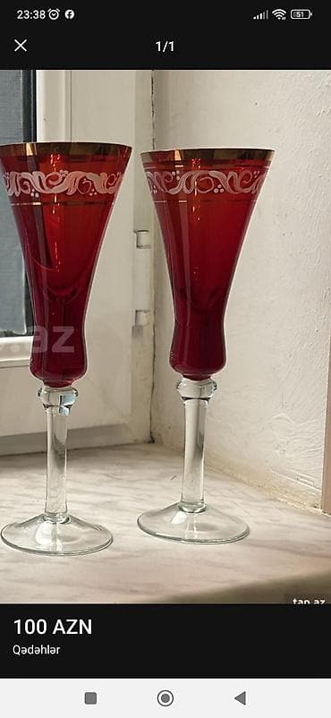 Qədəhlər, rəng - Qırmızı, Şüşə, 2 ədədli dəst — 1