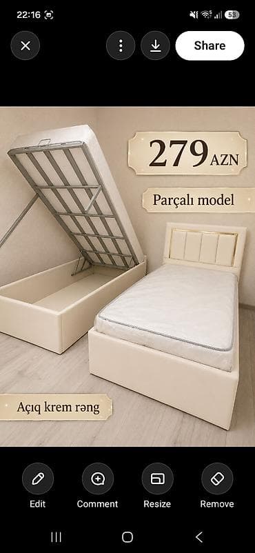 Parçalı model, açıq krem rəng tək nəfərlik çarpayı. Üst hissə