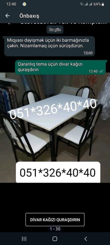 Masa və oturacaq dəstləri: Mətbəx üçün, Yeni, Açılmayan, Dördbucaq masa, 4 stul — 10