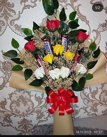 kağız skoç: Kompozisiya: Dekorativ gül buketləri - Satən lentdən hazırlanmış əl — 8