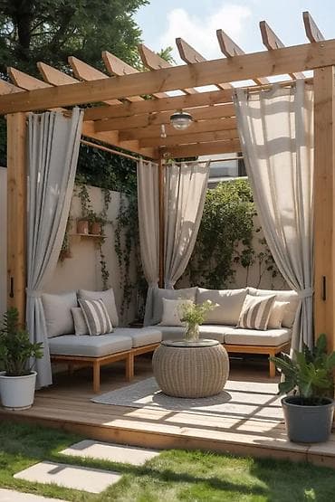 Bağ çətirləri: Bağ üçün taxta pergola – pərdəli istirahət guşəsi - Material — 2