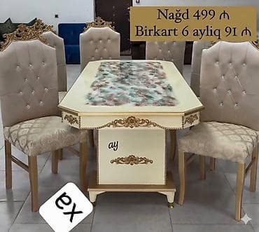 kunc divanlar 2019: Klassik üslubda 1 masa + 6 stuldan ibarət yemək dəsti. Xüsusiyyətlər — 1
