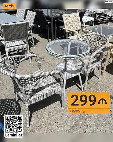 perla stul: Bağ mebeli dəsti – 2 ədəd rattan üslublu kreslo və şüşə səthli dairəvi — 1