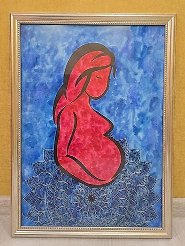divar saat: Əl işi rəsm əsəri. 50×70 sm. Akvarel və gel qələmlər ilə çəkilib — 3