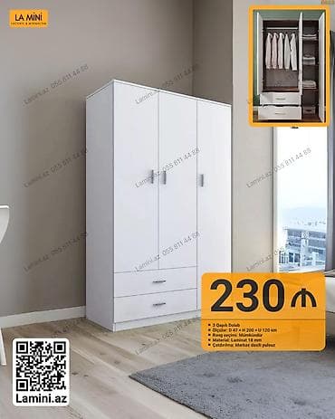 dolab paltar: 3 qapılı, Siyirməli, Ağ, Digər material, Açılan, Düz dolab — 1