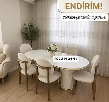 Ağ rəngli, oval formalı yemək masası və 6 ədəd stul dəsti. - Masanın