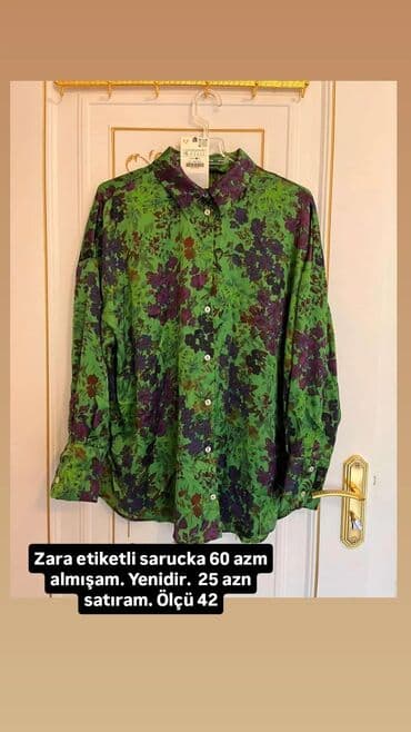 Qadın şalvarları: Zara brendi, etiketli qadın köynəyi. Yaşıl fon üzərində bənövşəyi və — 1