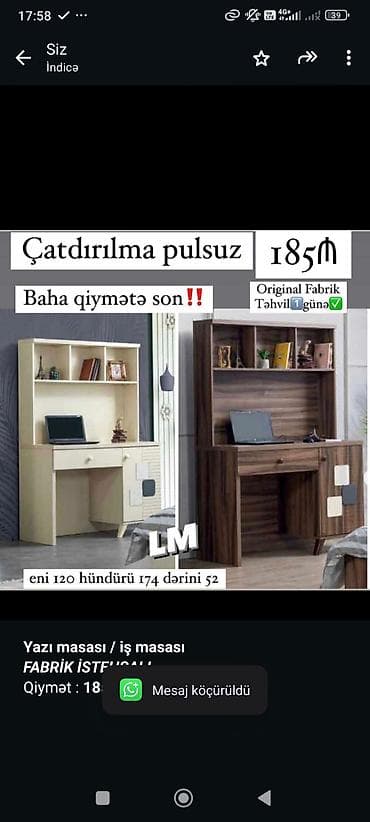 kafe masalari: *Yazı masası / iş masası* _*FABRİK İSTEHSALI*_ Qiymət : *185₼* sex — 1
