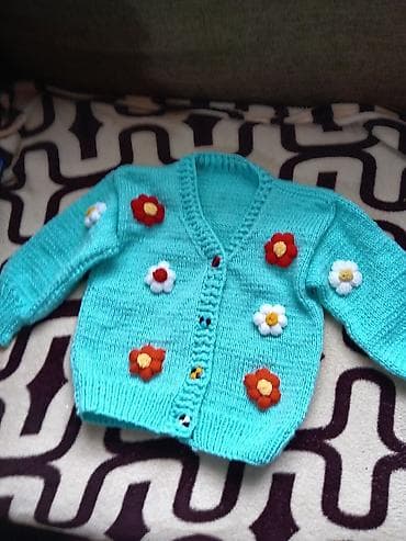 Uşaq üçün əl işi toxuma kardiqan - Rəng: açıq firuzə - Material