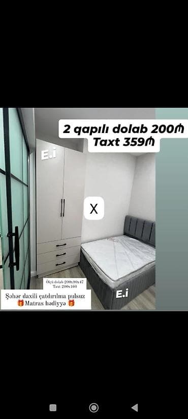 taxt satilir: Məhsul: Yataq otağı dəsti – taxt və 2 qapılı şkaf • Taxt: 200x160 • — 1