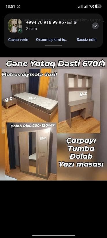 kreslo gence: Gənc yataq dəsti – 670₼ Komplekt: - Çarpayı (başlıqla) - Matras — 1
