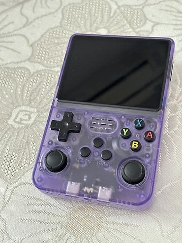 playstation ekranı: R36S portativ retro oyun konsolu – bənövşəyi şəffaf korpuslu, 3.5" — 2