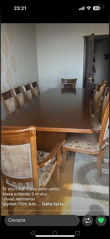 12 nəfərlik masa: Açılan, Dördbucaq masa, 12 stul — 1